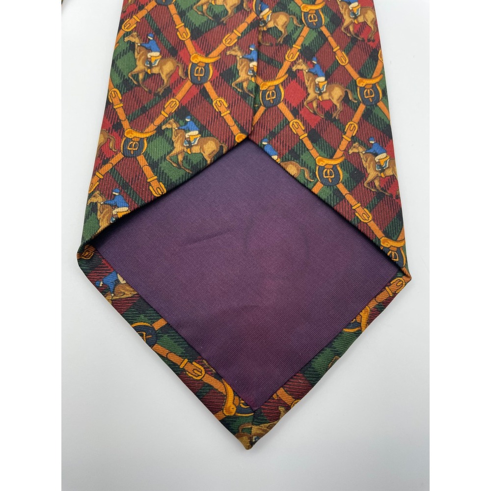 Polo Ralph Lauren Silk Tie Red Green Plaid Equestrian Horse Jockey Made in USA - Picture 4 of 4